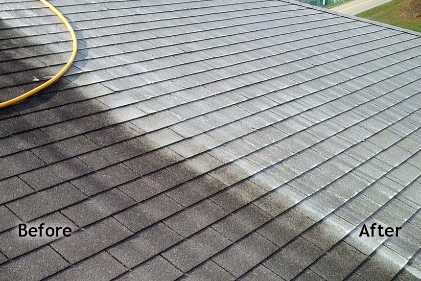 Commercial roof before and after cleaning — growth and staining removed.