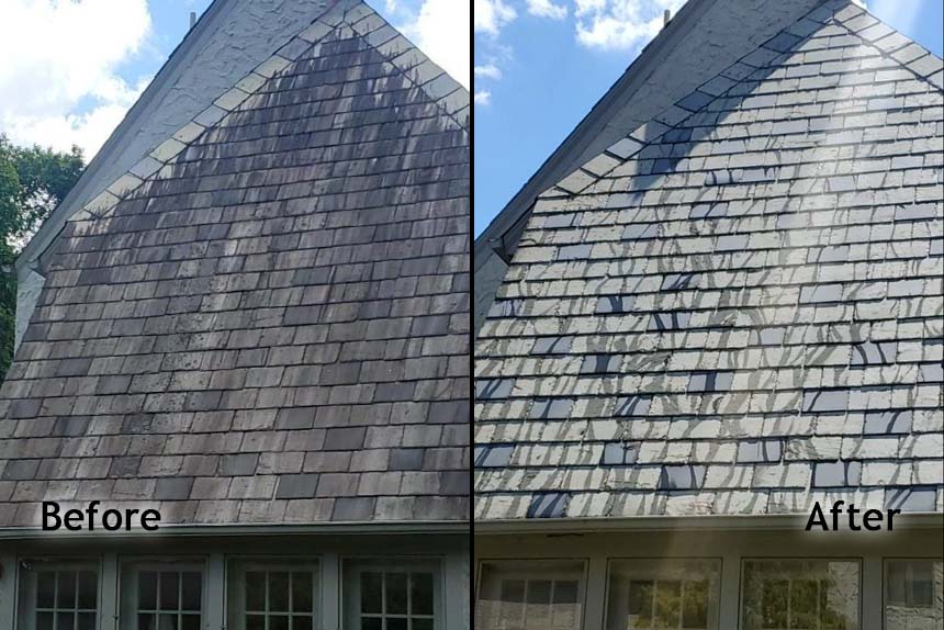 Large estate roof before and after soft washing — algae and streaks gone across the full roofline.