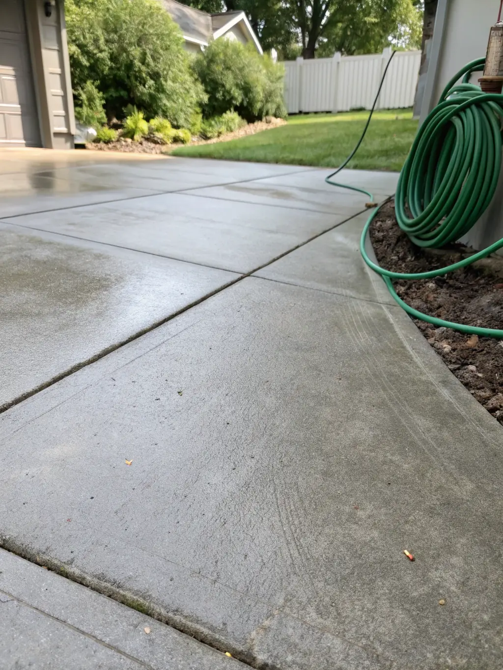 A close-up of a concrete driveway being power washed, with half the surface visibly cleaner and brighter, demonstrating the effectiveness of the cleaning process.