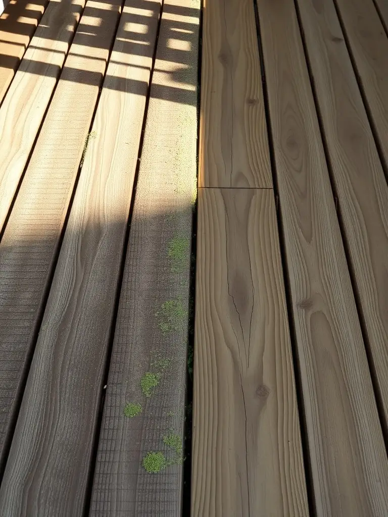 A wooden backyard deck and patio area, before and after power washing, showing the dramatic removal of algae, grime, and weathering for a renewed outdoor space.